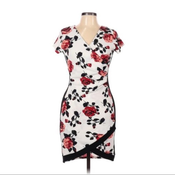 NWT Floral Print Wrap Asymmetrical Hem Mini Dress | Almost Famous Macy’s Bodycon - Picture 13 of 13